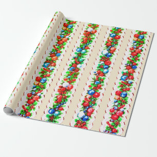 Vintage Retro Christmas Bauble Garland Stripe Wrapping Paper