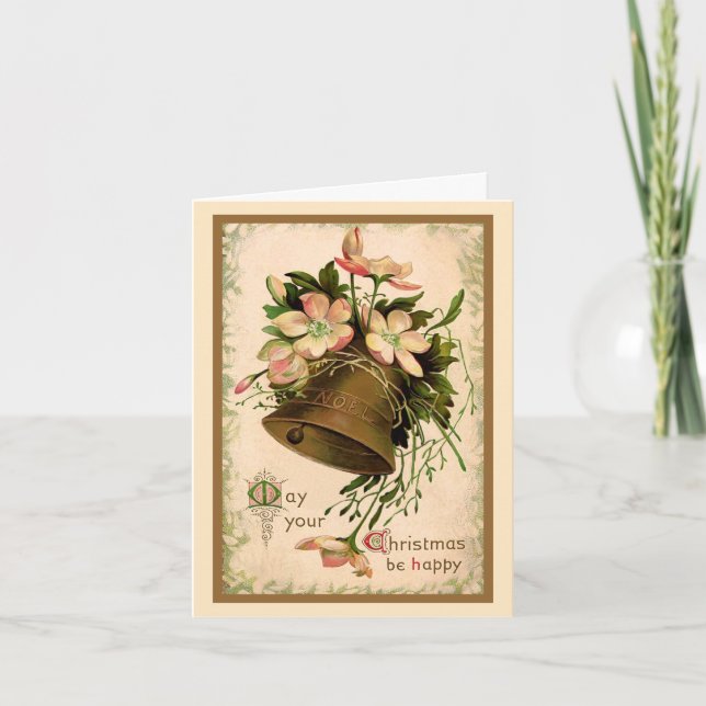 Vintage Retro Christmas Bell and Roses Holiday Card (Front)