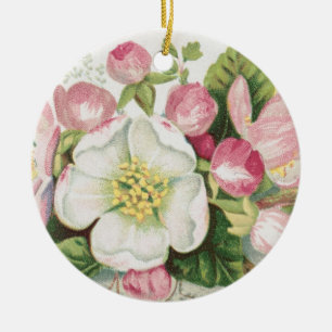 Vintage Retro Christmas Card, Apple Blossoms Ceramic Tree Decoration