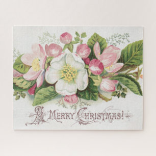 Vintage Retro Christmas Card, Apple Blossoms Jigsaw Puzzle