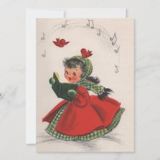 Vintage Retro Christmas Caroling Girl Holiday Card (Front)
