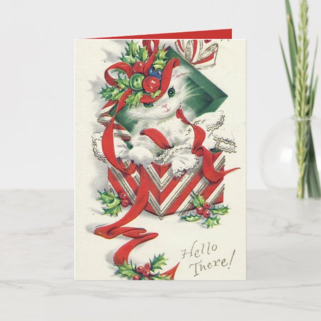 Vintage retro Christmas cat card customisable (Front)