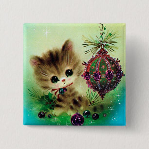 Vintage retro Christmas cat Holiday button