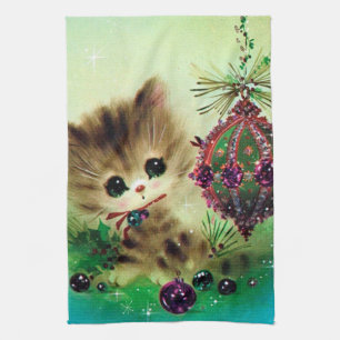 Vintage retro Christmas Cat kitchen towel