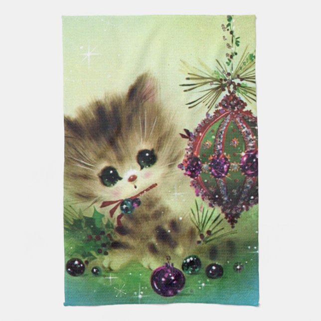 Vintage retro Christmas Cat kitchen towel (Vertical)