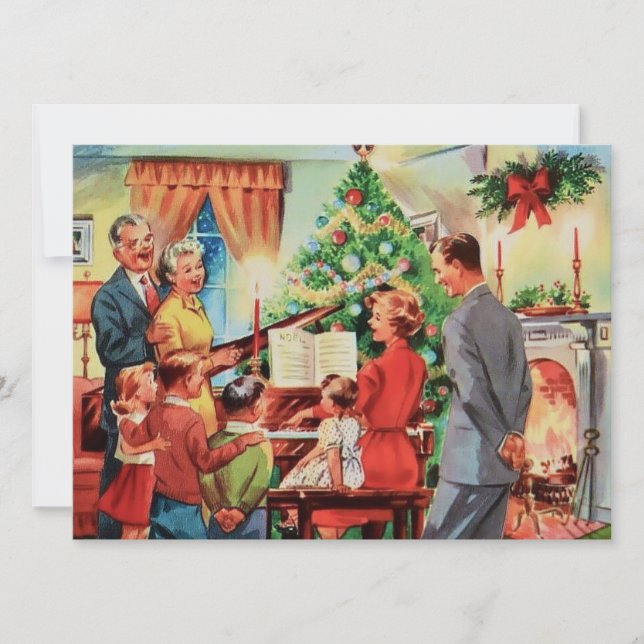 Vintage Retro Christmas Family Playing Piano Holiday Card (Front)
