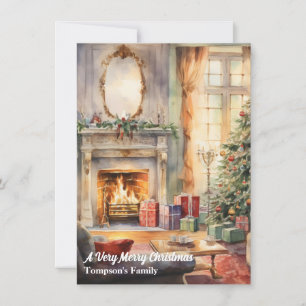 Vintage Retro Christmas Fireplace Holiday Card