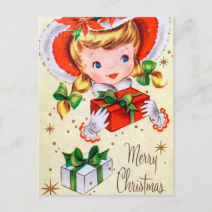 Vintage retro Christmas girl Holiday postcard
