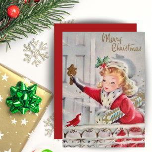 Vintage Retro Christmas Girl with Gifts Custom Holiday Card