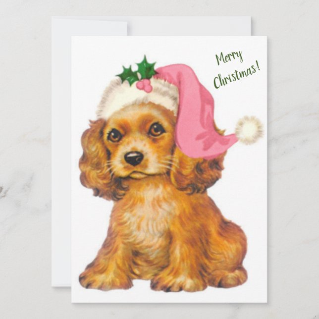 Vintage Retro Christmas Golden Retriever Puppy Holiday Card (Front)