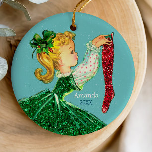 Vintage retro Christmas green girl red stocking Ceramic Tree Decoration