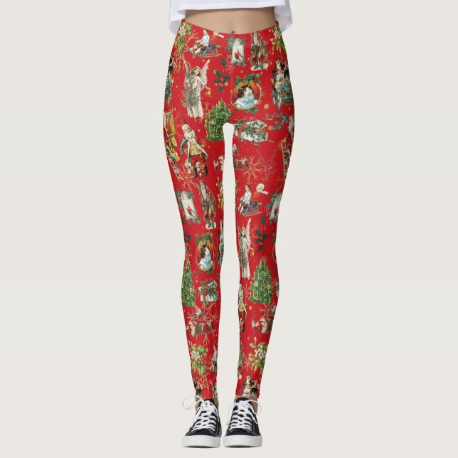 Vintage Retro Christmas Holiday Festive Red Leggings (Front)