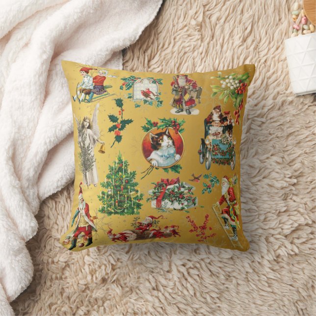Vintage Retro Christmas Holiday Pattern Gold Cushion (Blanket)