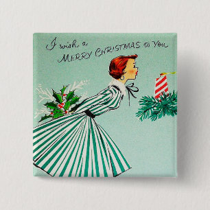 Vintage retro Christmas lady button