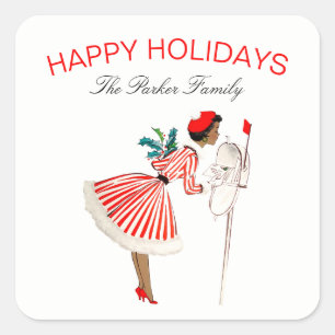 Vintage Retro Christmas Lady Red White Square Sticker