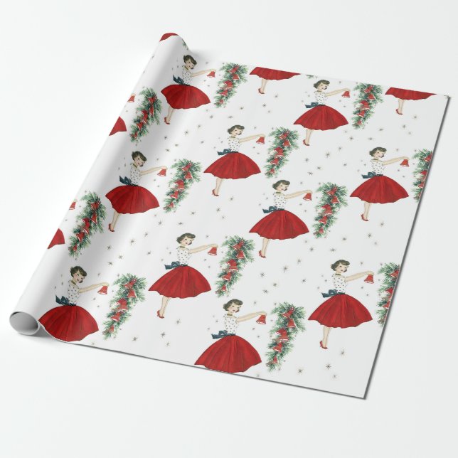 Vintage Retro Christmas Lady Wrapping Paper (Unrolled)