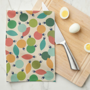 Vintage Retro Christmas Ornaments and Lights Tea Towel