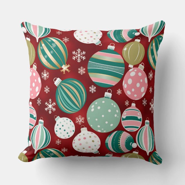 Vintage Retro Christmas Ornaments and Snowflakes Cushion (Front)