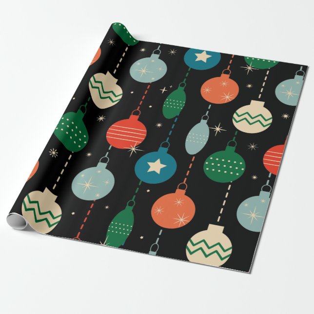 Vintage Retro Christmas Ornaments Pattern Wrapping Paper (Unrolled)