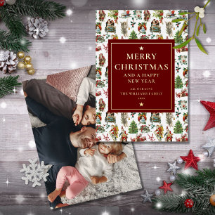Vintage Retro Christmas Photo Burgundy Gold Foil Holiday Card