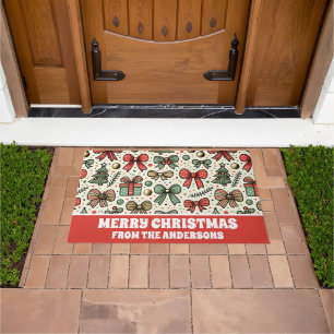 Vintage Retro Christmas Polka Dots Bows Pattern Doormat