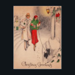 Vintage Retro Christmas Postcard<br><div class="desc">"Christmas Greetings" Vintage Retro Christmas Postcard with a couple walking in snow with their cute dog. This Christmas send your warm wishes to friends and family with this postcard.</div>