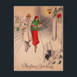 Vintage Retro Christmas Postcard<br><div class="desc">"Christmas Greetings" Vintage Retro Christmas Postcard with a couple walking in snow with their cute dog. This Christmas send your warm wishes to friends and family with this postcard.</div>