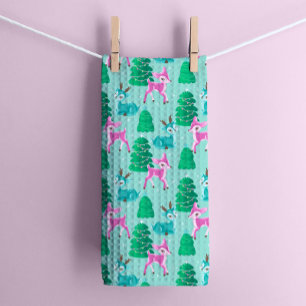 Vintage Retro Christmas Reindeer on Aqua Tea Towel