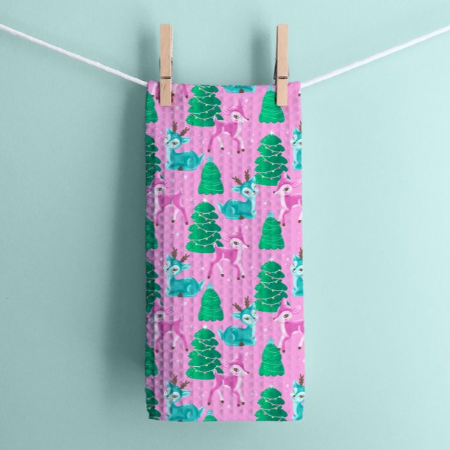 Vintage Retro Christmas Reindeer on Pink Tea Towel (Creator Uploaded)