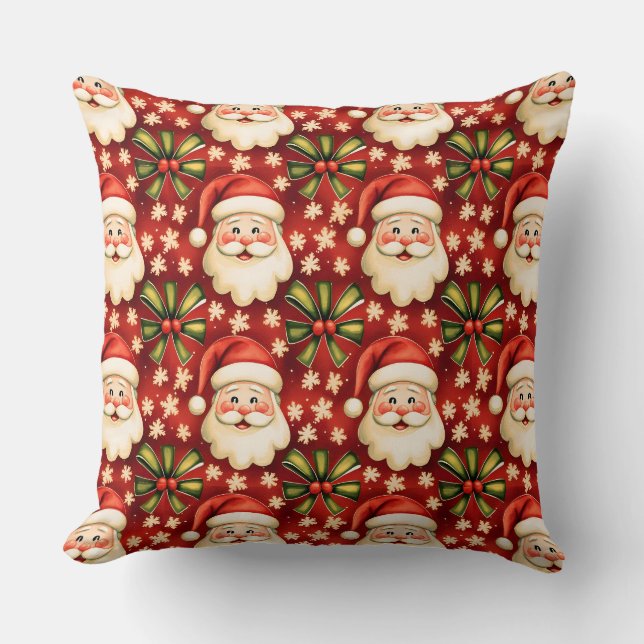 Vintage Retro Christmas Santa Claus and Bows Cushion (Front)