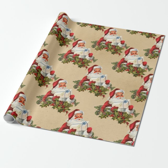 Vintage Retro Christmas Santa Claus Pattern Wrapping Paper (Unrolled)