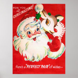 Vintage retro Christmas Santa Reindeer poster