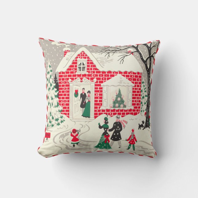 Vintage Retro Christmas Scene Little Red House Cushion (Front)