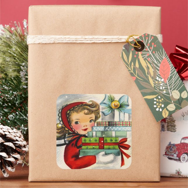 Vintage retro Christmas shopping girl sticker (Holiday)
