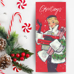 Vintage Retro Christmas Shopping Lady Custom Holiday Card<br><div class="desc">This mid-century vintage card features a young lady with an armful of wrapped gifts and a Christmas wreath. Personalise by customising the message on the back and/or adding your name(s).</div>