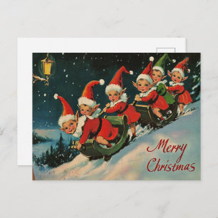 Vintage Retro Christmas: Sledding Elves Holiday Postcard