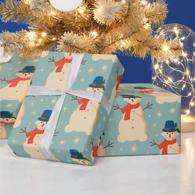 Vintage Retro Christmas Snowman Light Blue   Wrapping Paper (Holidays)