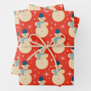 Vintage Retro Christmas Snowman Red  Wrapping Paper Sheet