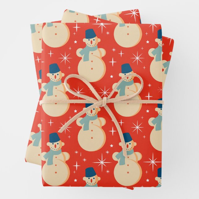 Vintage Retro Christmas Snowman Red  Wrapping Paper Sheet (In situ)