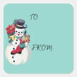 VINTAGE RETRO CHRISTMAS SNOWMAN  SQUARE STICKER