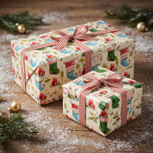Vintage Retro Christmas Stockings Wrapping Paper