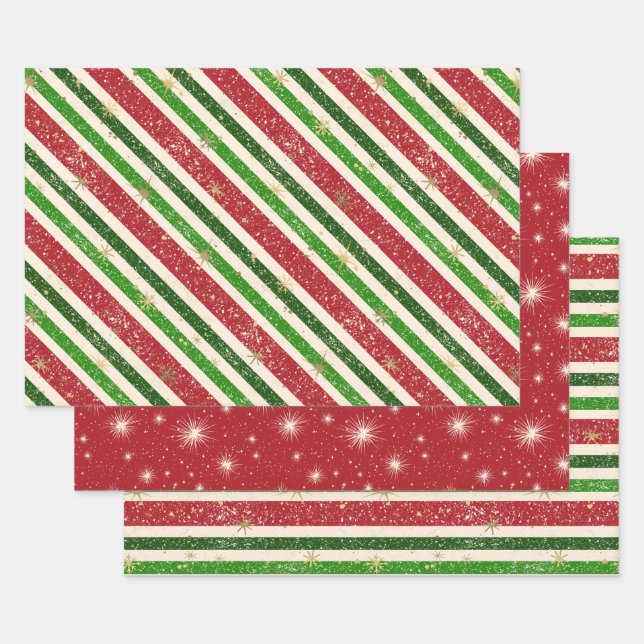 Vintage Retro Christmas Stripes and Stars Wrapping Paper Sheet (Set)