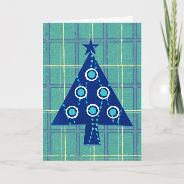 Vintage Retro Christmas Tree Card in Blue (Front)