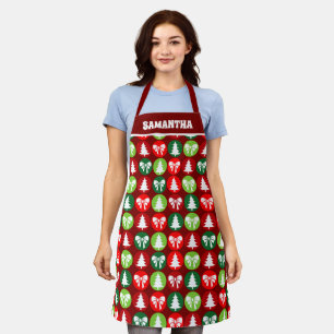 vintage Retro Christmas Trees and Bows Pattern Apron