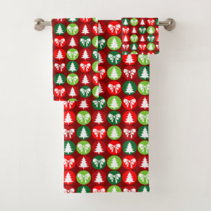 vintage Retro Christmas Trees and Bows Pattern Bath Towel Set