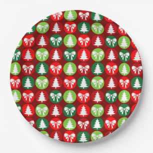 vintage Retro Christmas Trees and Bows Pattern Paper Plate