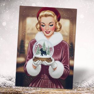 Vintage Retro Christmas Woman and Snow Globe Holiday Card