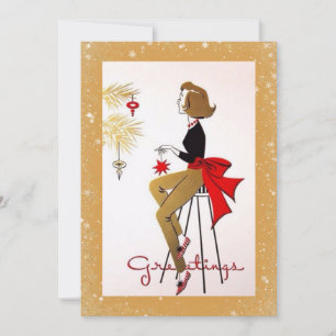 Vintage Retro Christmas Woman Gold Holiday Card
