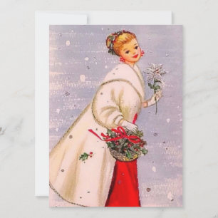 Vintage Retro Christmas Woman with Basket Holiday Card