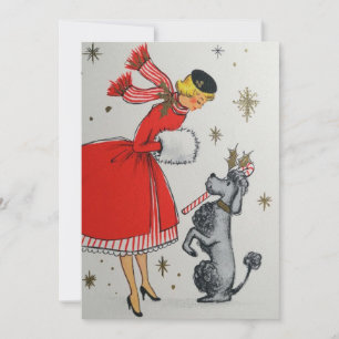 Vintage Retro Christmas Woman with Poodle Holiday Card